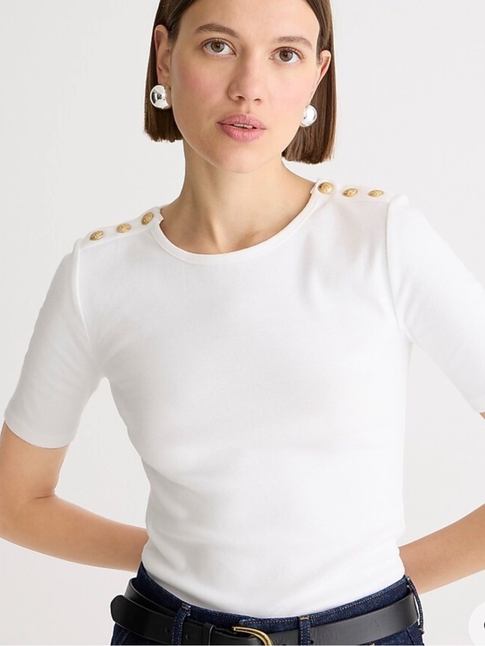 J. Crew White Short-Sleeve Top with Gold Shoulder Buttons